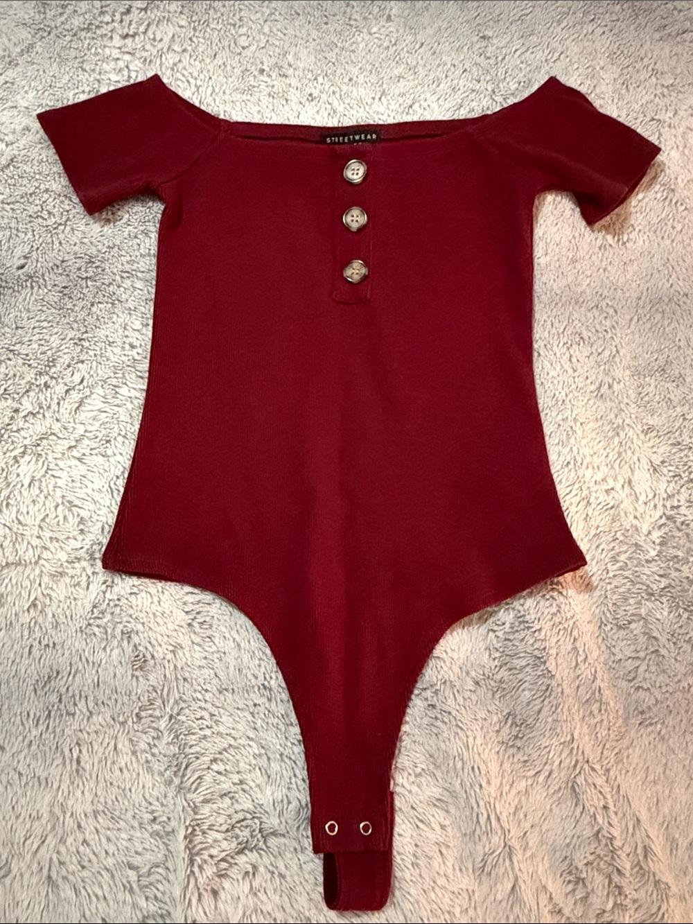 Streetwear Society Burgundy Off-Shoulder Button-Front One-Piece Bodysuit